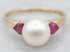 Yellow Gold Saltwater Pearl and Heart Shaped Ruby Ring