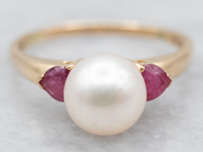Yellow Gold Saltwater Pearl and Heart Shaped Ruby Ring