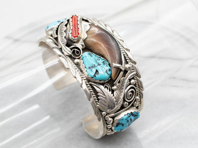 Sterling Silver Turquoise Coral and Claw Cuff Bracelet by Navajo Artist Sherry Sandoval