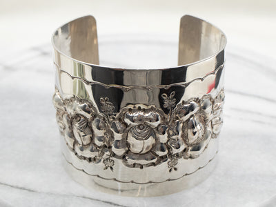 Sterling Silver Wide Floral Chased Cuff Bracelet