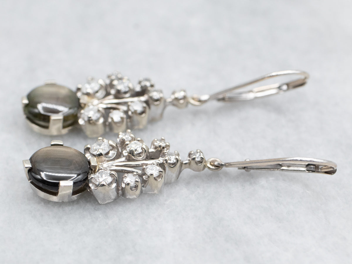 White Gold Black Sapphire and Diamond Drop Earrings