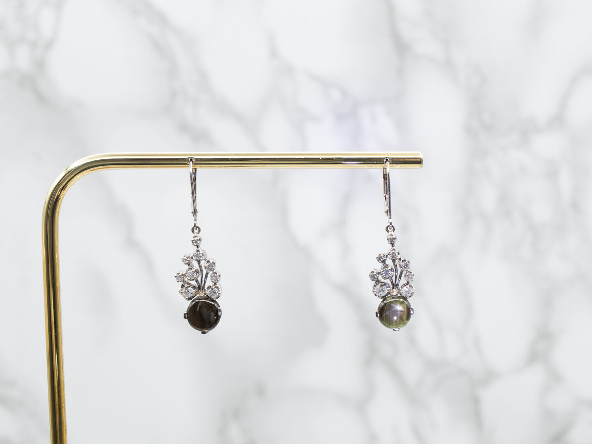 White Gold Black Sapphire and Diamond Drop Earrings
