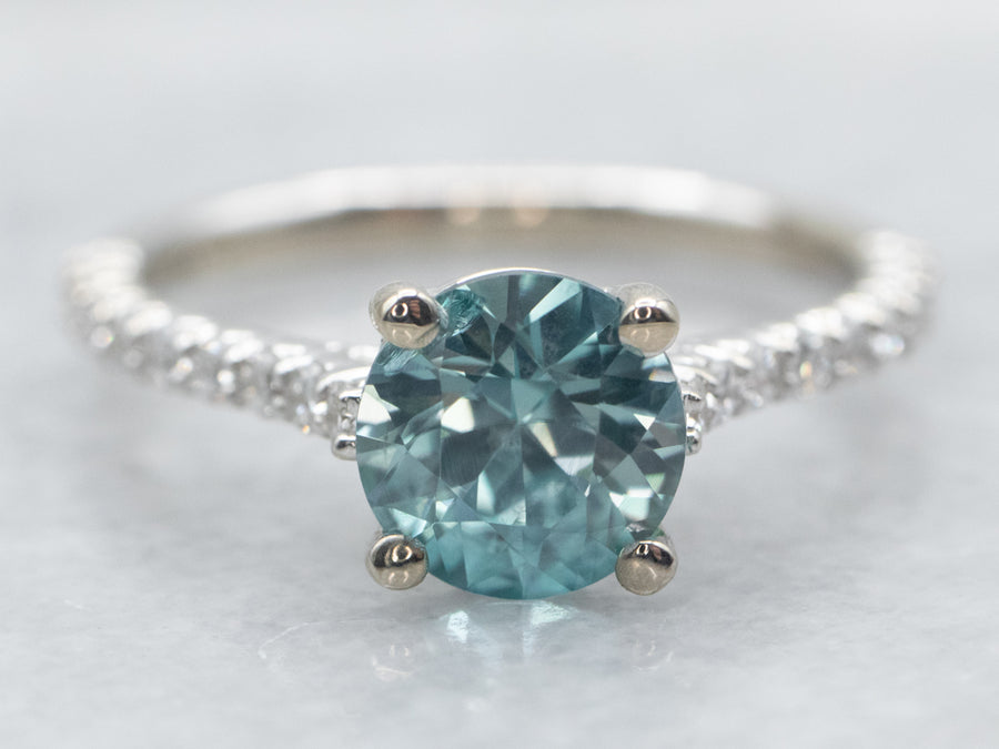 White Gold Blue Zircon Ring with Diamond Shoulders