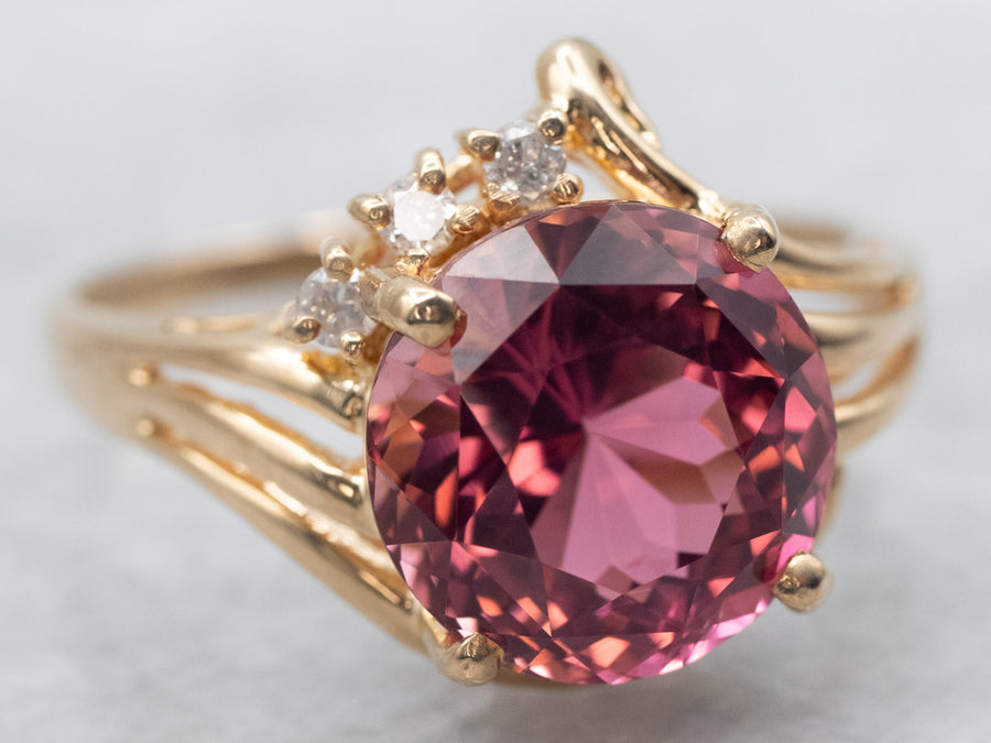 Yellow Gold Pink Tourmaline Ring with Diamond Accents