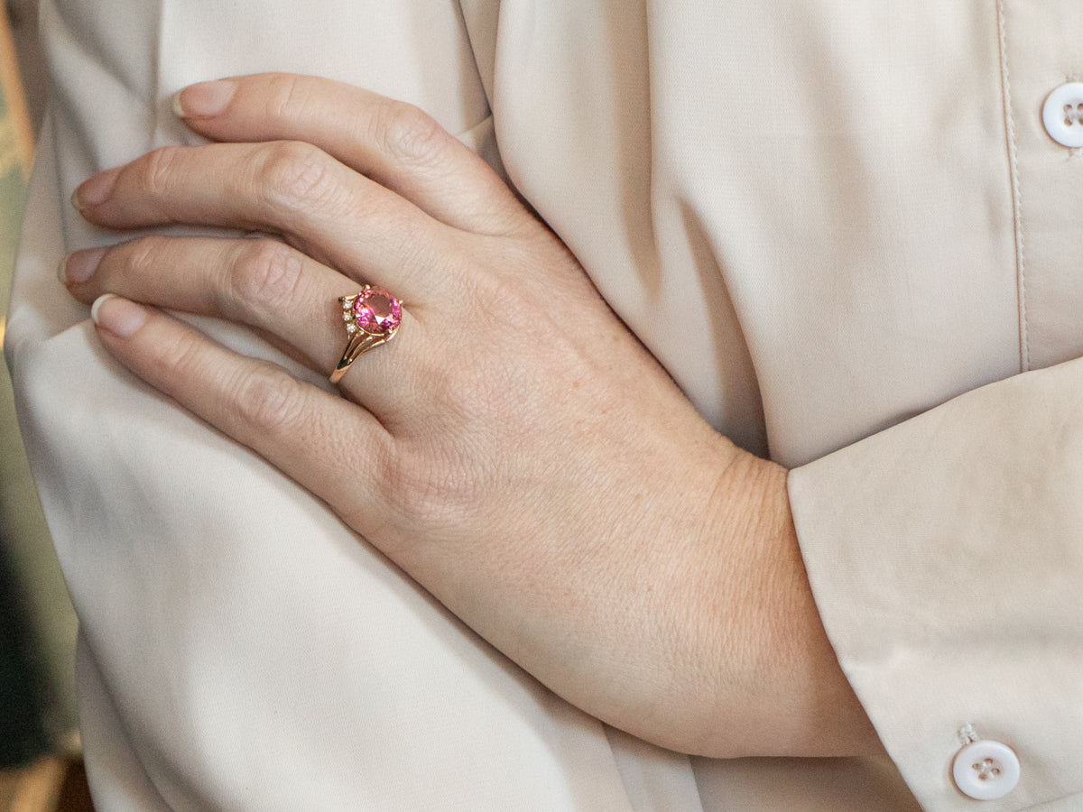 Yellow Gold Pink Tourmaline Ring with Diamond Accents