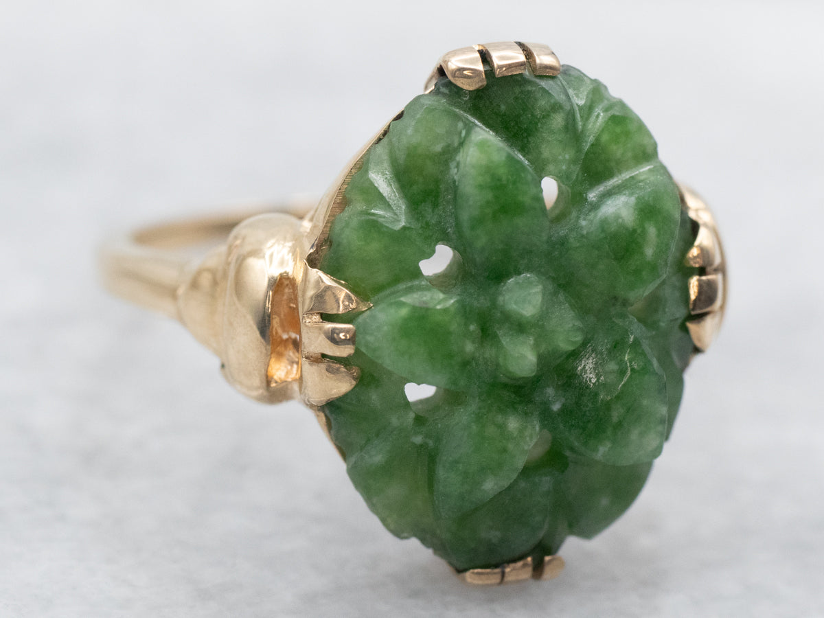 Vintage Flower Carved Jade Cocktail Ring