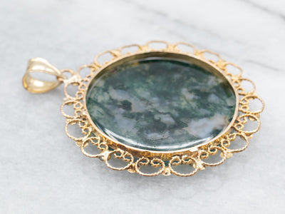 Scrolling Gold Moss Agate Pendant