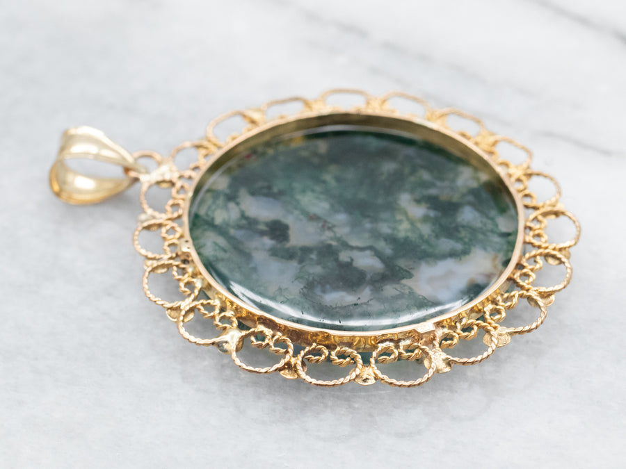 Scrolling Gold Moss Agate Pendant