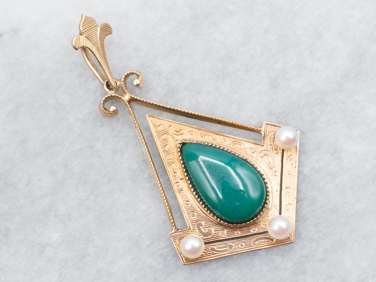 Engraved Gold Green Onyx and Seed Pearl Pendant