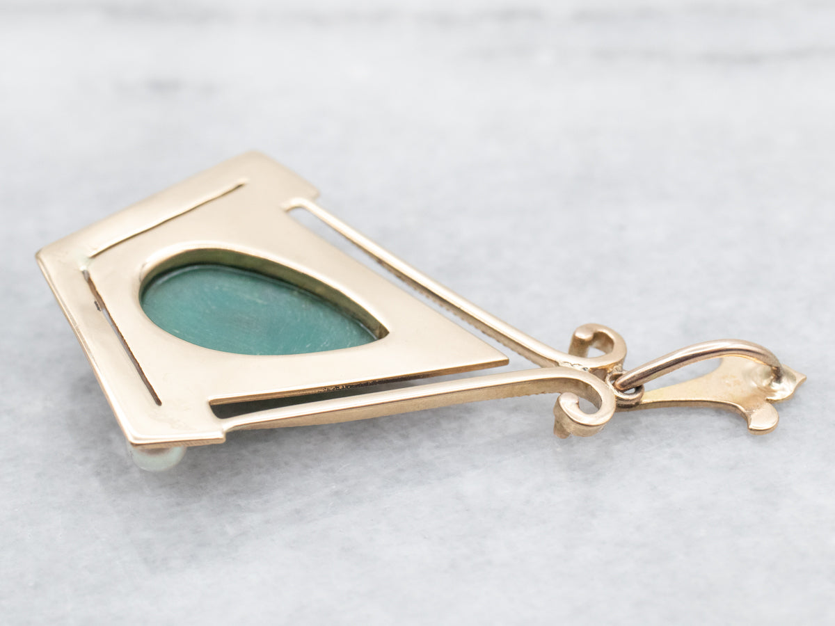 Engraved Gold Green Onyx and Seed Pearl Pendant
