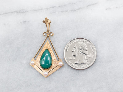 Engraved Gold Green Onyx and Seed Pearl Pendant