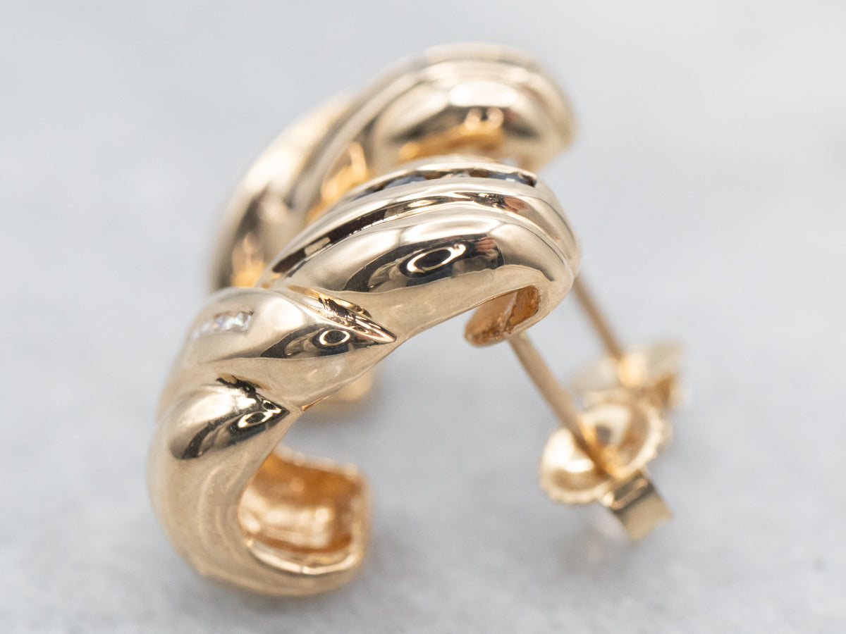 Yellow Gold 1980's Sapphire and Diamond Swirling Stud Earrings
