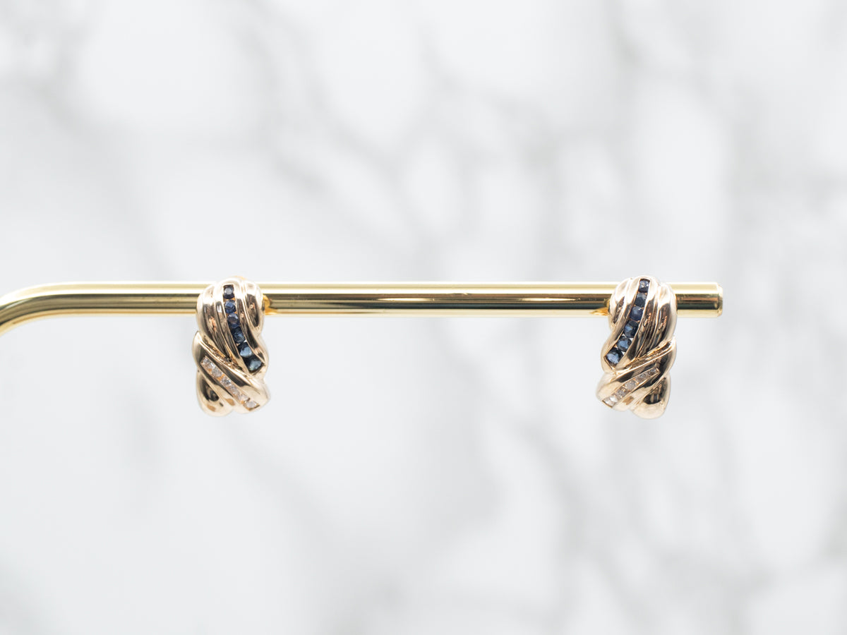 Yellow Gold 1980's Sapphire and Diamond Swirling Stud Earrings