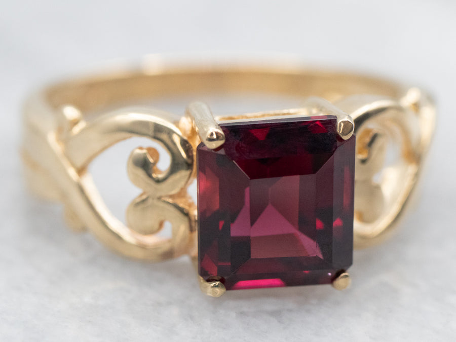 Yellow Gold Rhodolite Garnet Solitaire Ring with Heart Shoulders