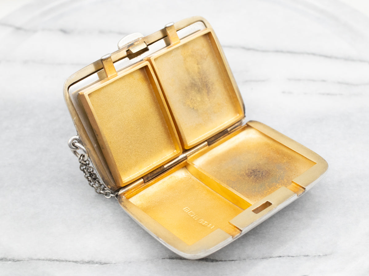 Antique Sterling Silver and Gold Overlay Makeup Compact with Mirror