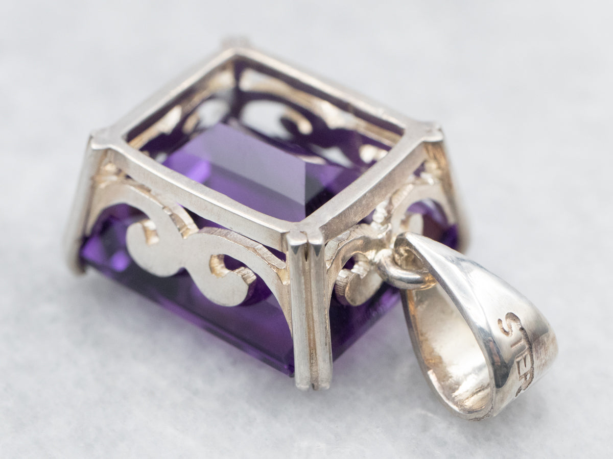 Sterling Silver Emerald Cut Amethyst Pendant