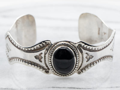 Sterling Silver Oval Cut Black Onyx Native American Made Cuff Bracelet