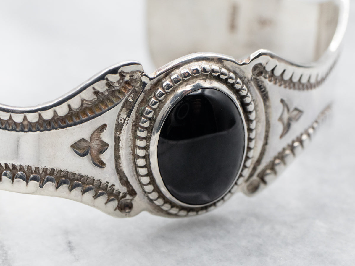 Sterling Silver Oval Cut Black Onyx Native American Made Cuff Bracelet