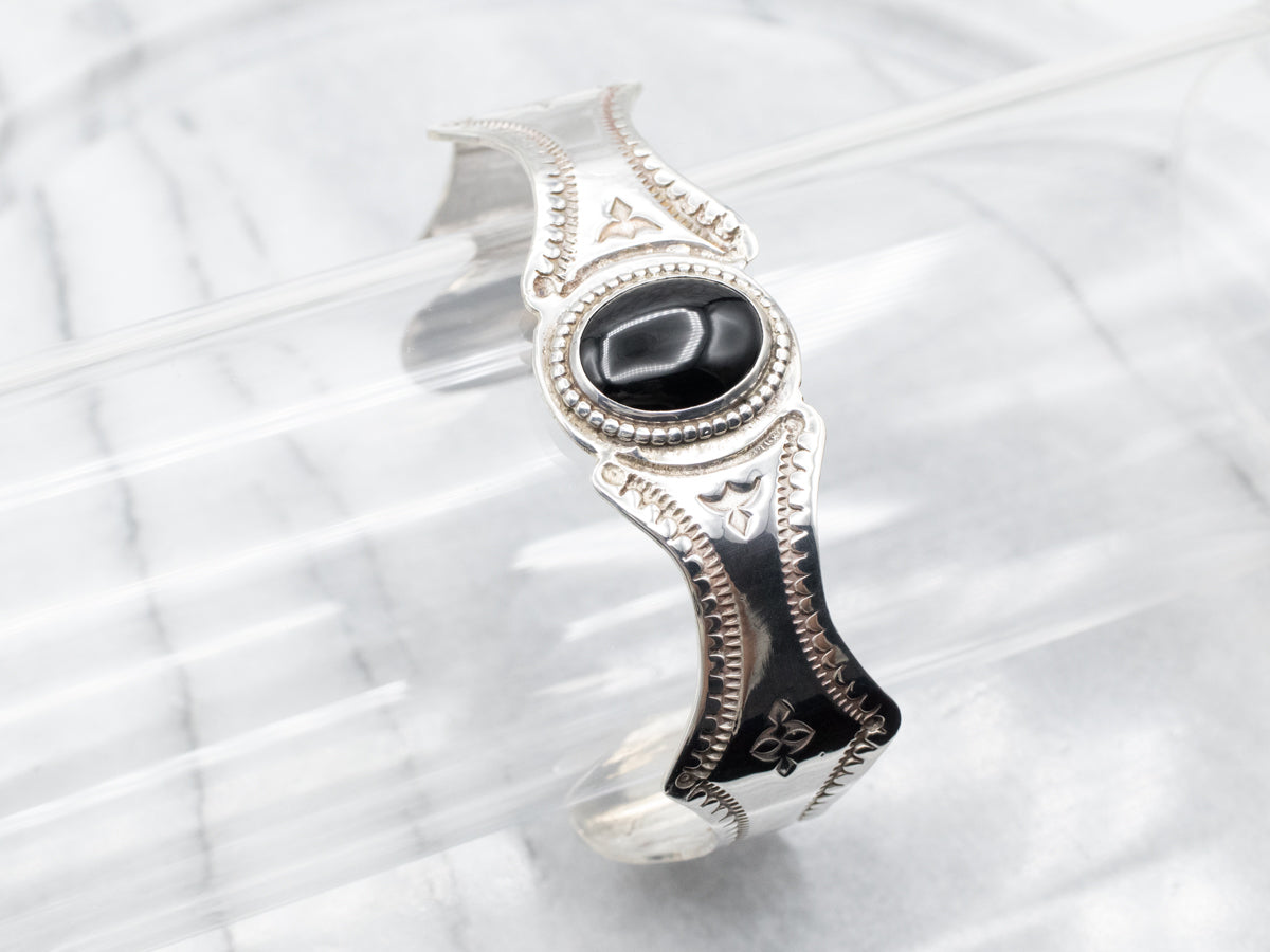 Sterling Silver Oval Cut Black Onyx Native American Made Cuff Bracelet