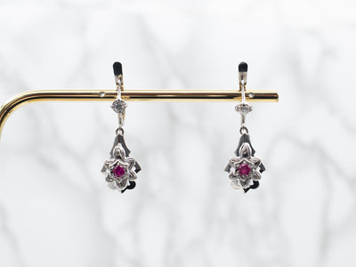 Sparkling Synthetic Ruby and Diamond Drop Earrings