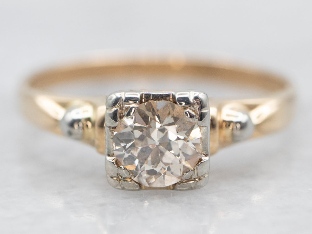 Mixed Metal European Cut Diamond Solitaire Engagement Ring