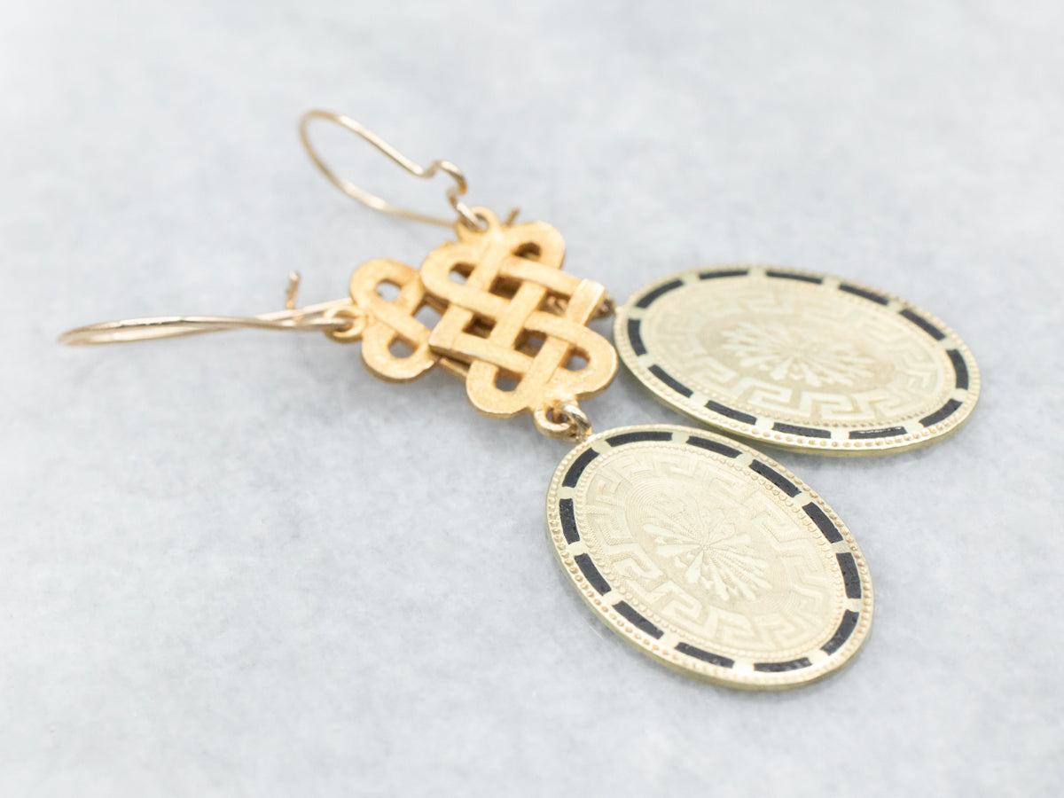 Yellow Gold Black Enamel Oval Drop Earrings with Celtic Knot