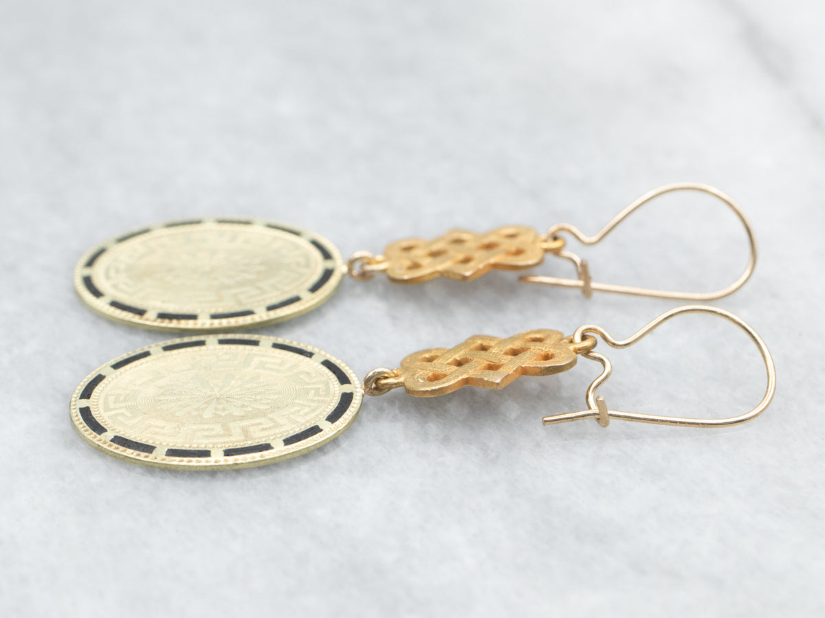 Yellow Gold Black Enamel Oval Drop Earrings with Celtic Knot