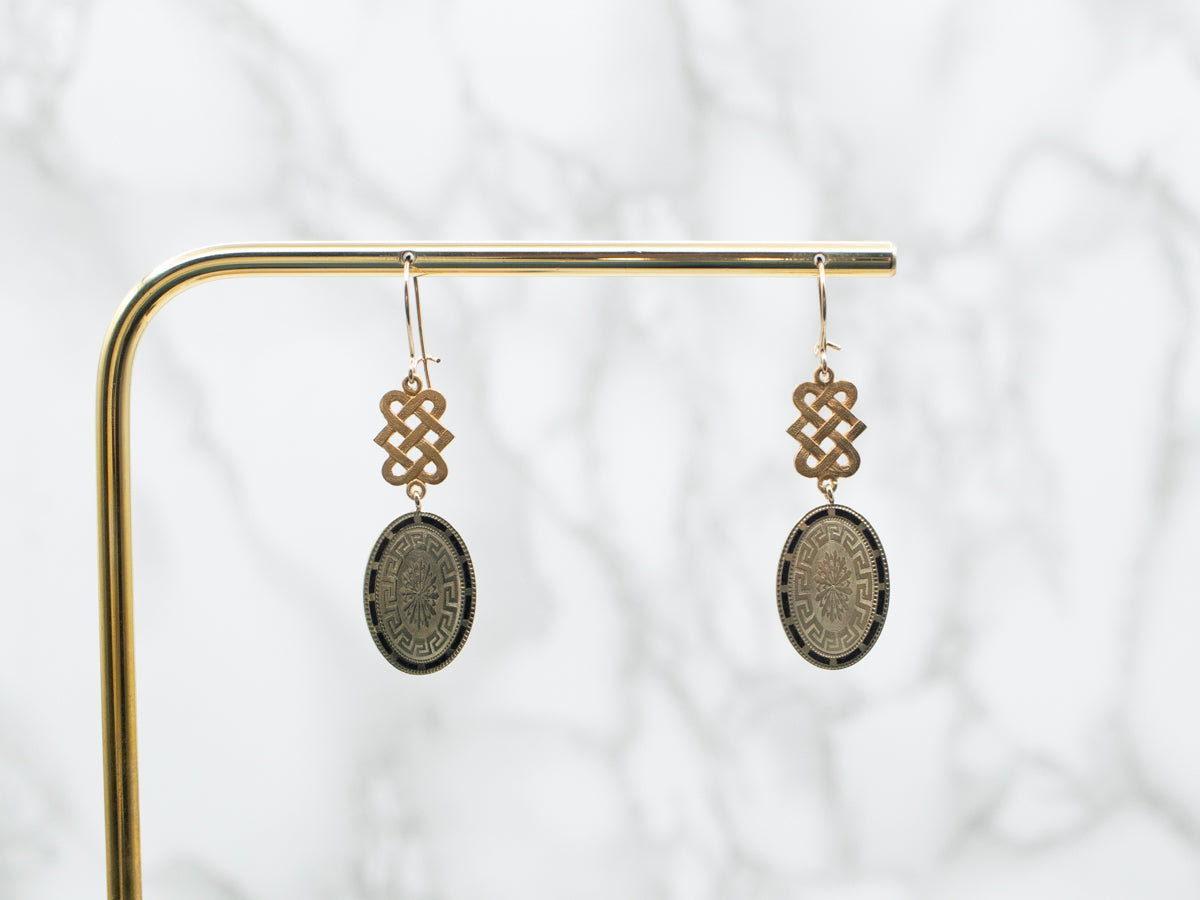Yellow Gold Black Enamel Oval Drop Earrings with Celtic Knot