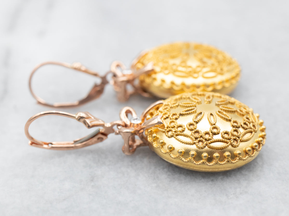 Two Tone Mandala Drop Earrings with Bow Detail and Diamond Accents