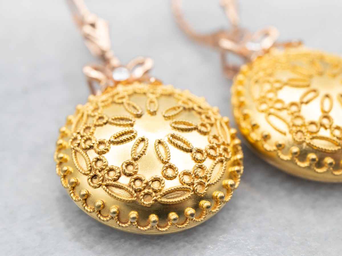 Two Tone Mandala Drop Earrings with Bow Detail and Diamond Accents