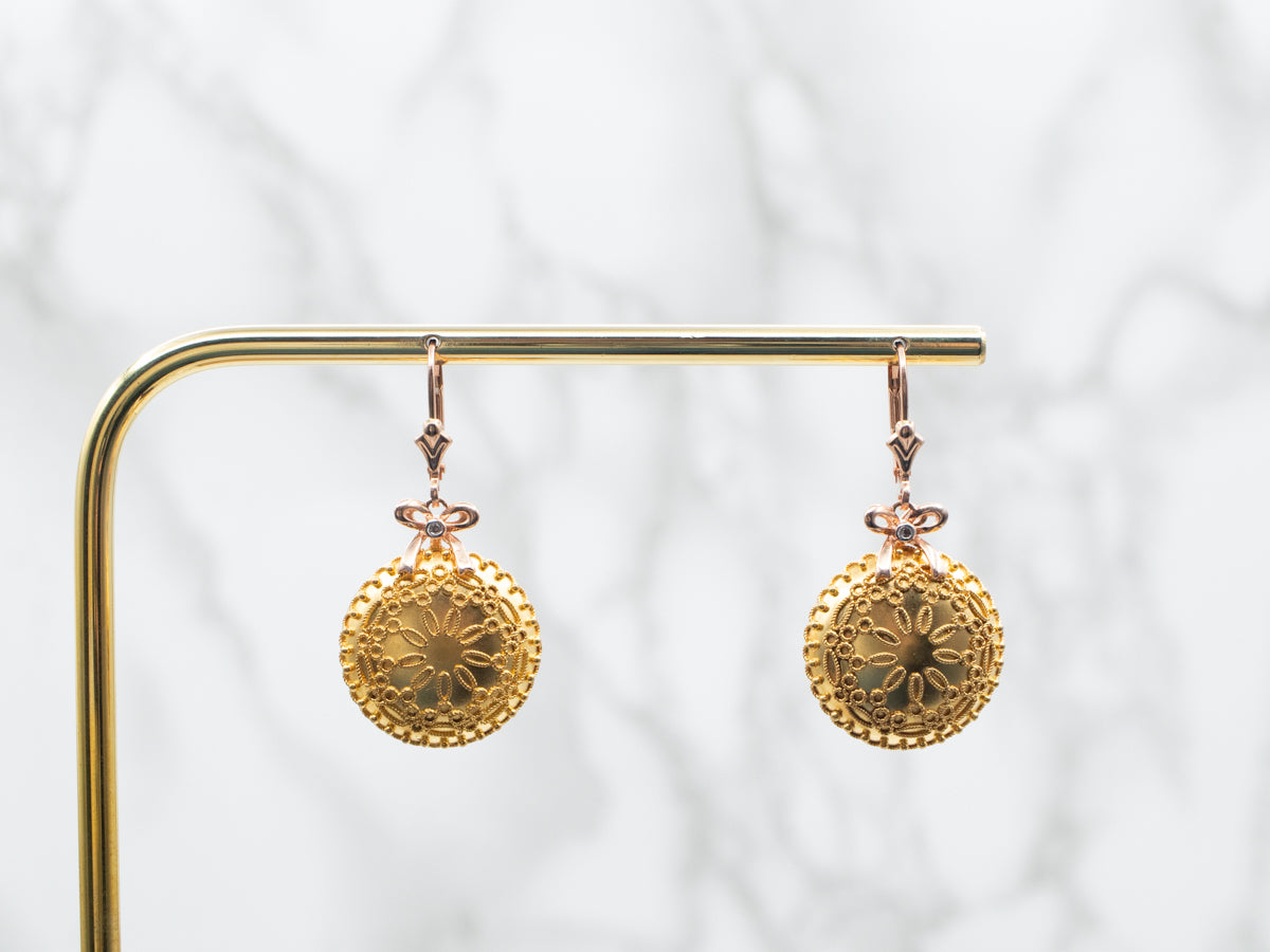 Two Tone Mandala Drop Earrings with Bow Detail and Diamond Accents