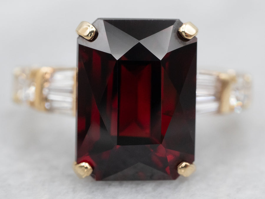Yellow Gold Emerald Cut Garnet Cocktail Ring with Diamond Accents
