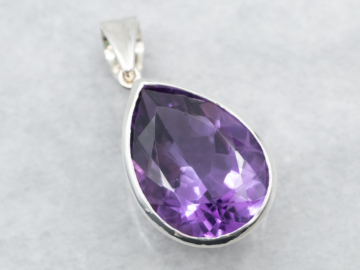 Sterling Silver Pear Cut Bezel Set Amethyst Pendant