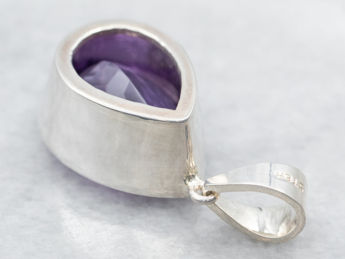 Sterling Silver Pear Cut Bezel Set Amethyst Pendant