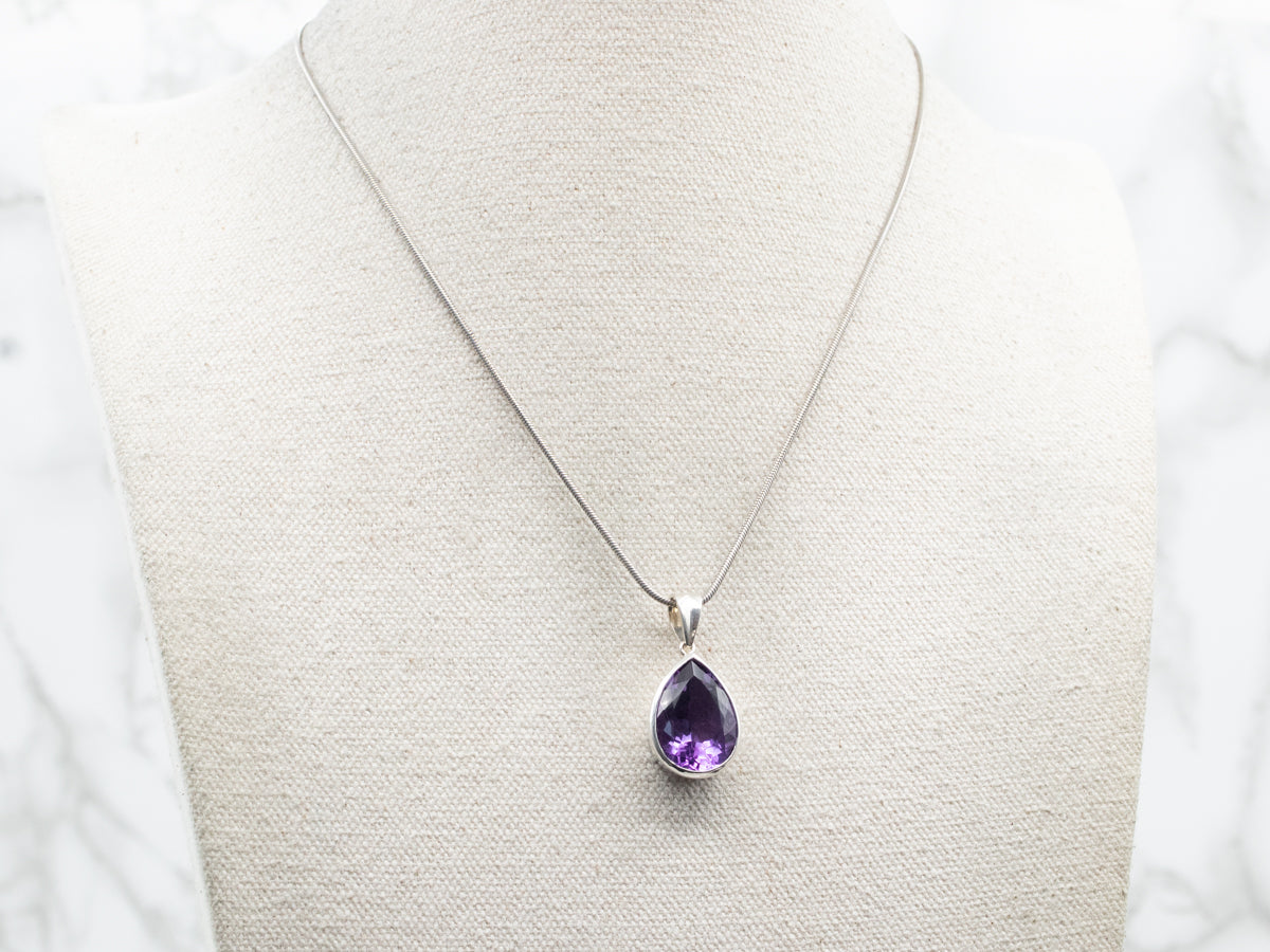 Sterling Silver Pear Cut Bezel Set Amethyst Pendant