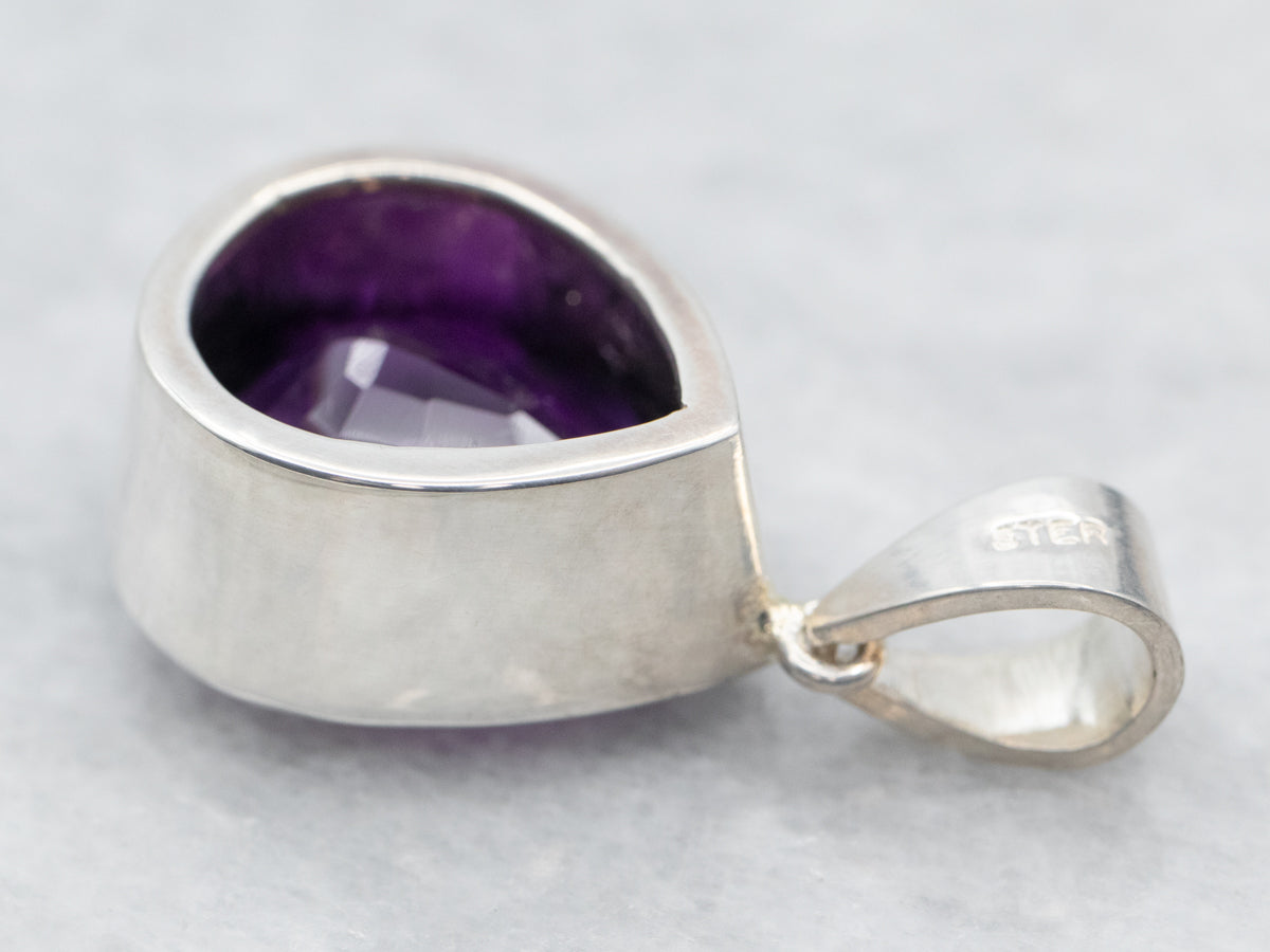 Sterling Silver Pear Cut Bezel Set Amethyst Pendant
