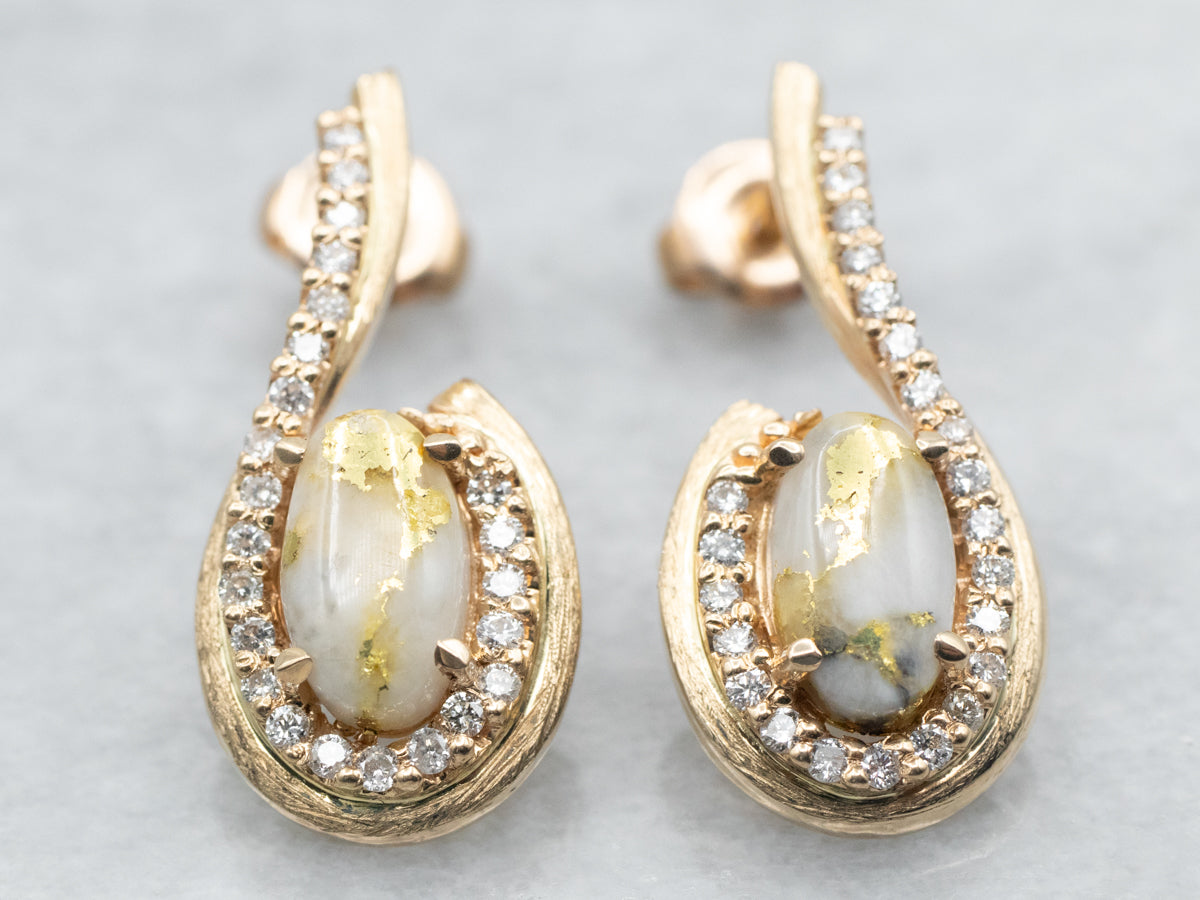 Yellow Gold Oval Cut White Quartz with Gold Veining and Diamond Earrings