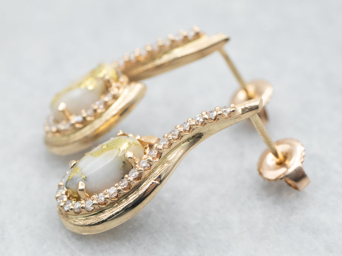 Yellow Gold Oval Cut White Quartz with Gold Veining and Diamond Earrings
