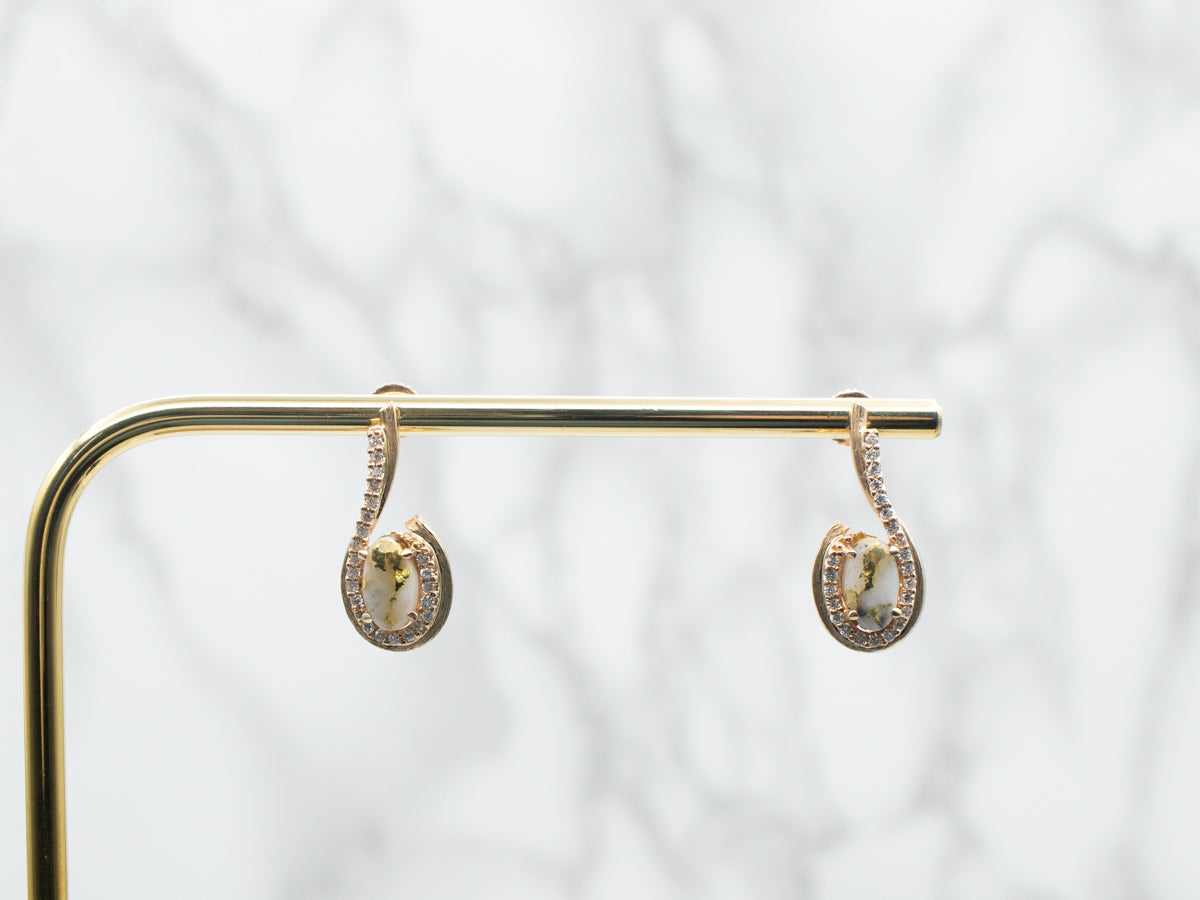 Yellow Gold Oval Cut White Quartz with Gold Veining and Diamond Earrings