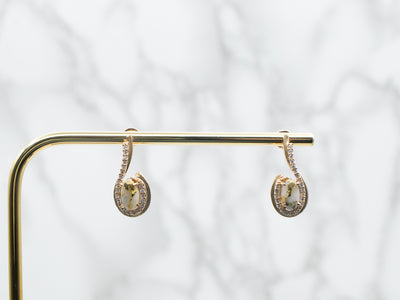 Yellow Gold Oval Cut White Quartz with Gold Veining and Diamond Earrings