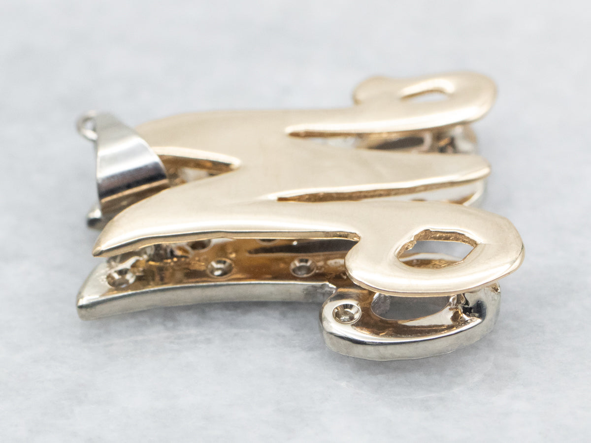 Two Tone White and Yellow Gold Diamond "M" Pendant