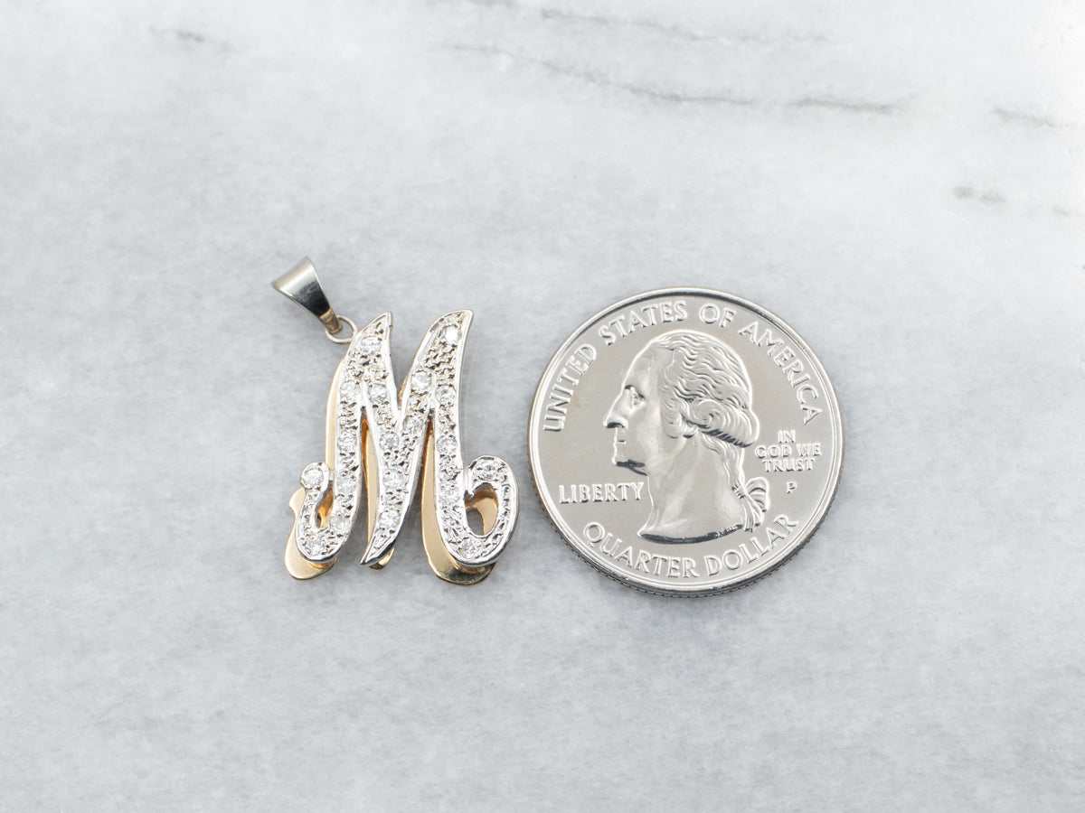 Two Tone White and Yellow Gold Diamond "M" Pendant