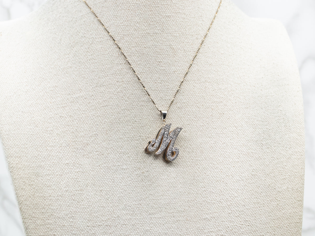 Two Tone White and Yellow Gold Diamond "M" Pendant