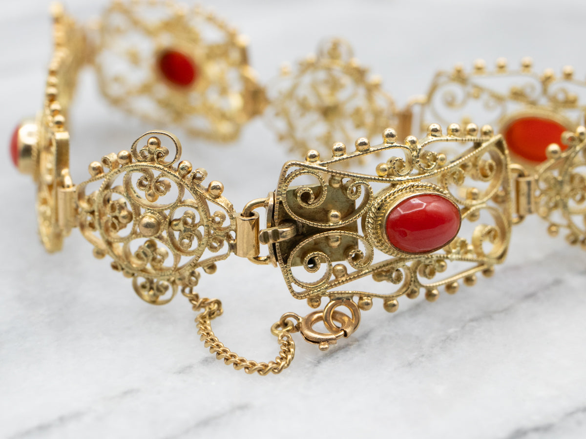 Yellow Gold Handmade Oval Cut Coral Filigree Link Bracelet