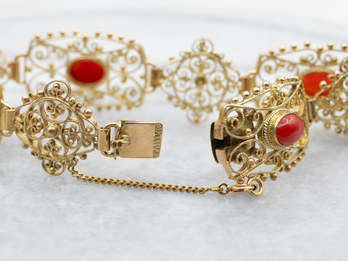 Yellow Gold Handmade Oval Cut Coral Filigree Link Bracelet