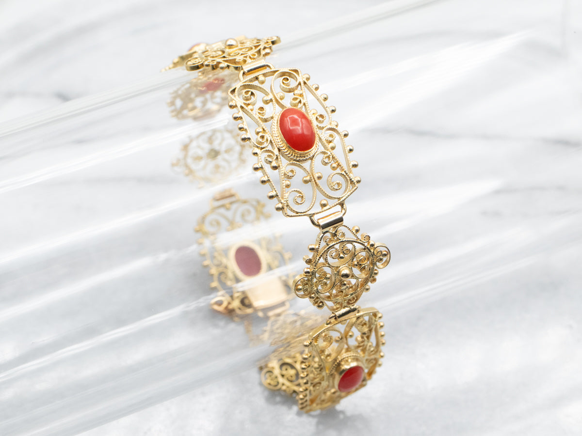 Yellow Gold Handmade Oval Cut Coral Filigree Link Bracelet