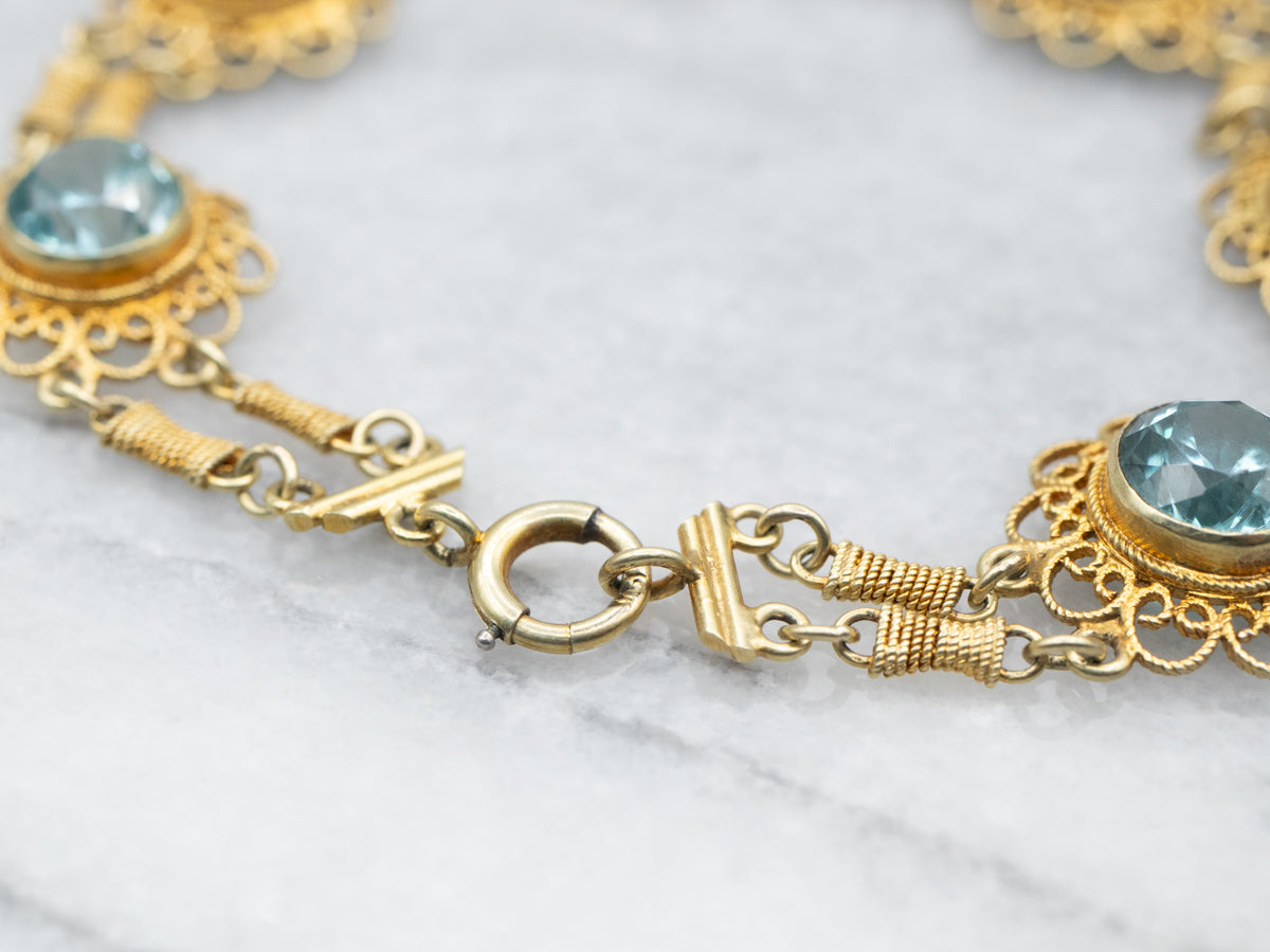 Yellow Gold Handmade Round Cut Blue Zircon Filigree Link Bracelet with Spring Ring Clasp