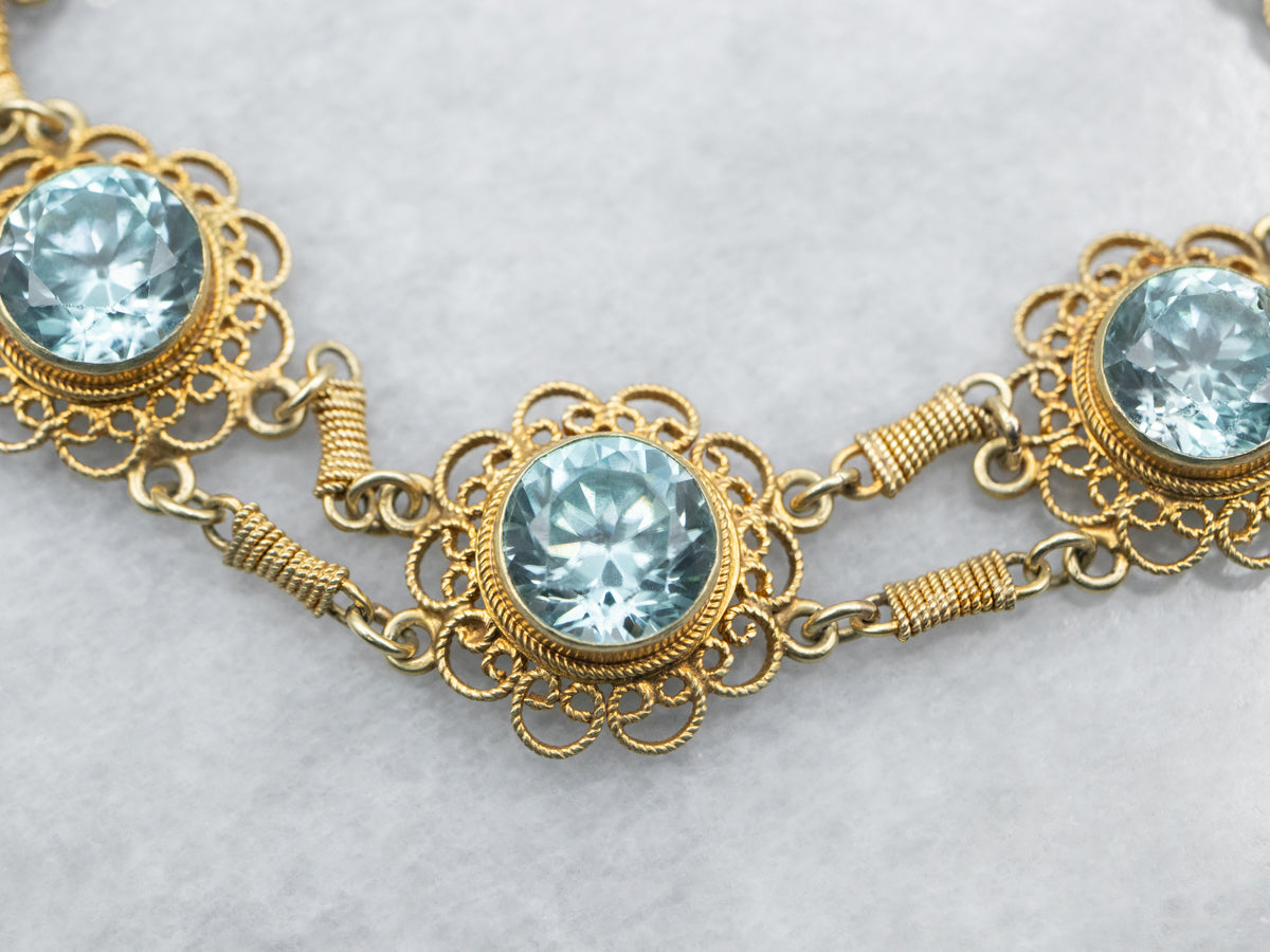 Yellow Gold Handmade Round Cut Blue Zircon Filigree Link Bracelet with Spring Ring Clasp