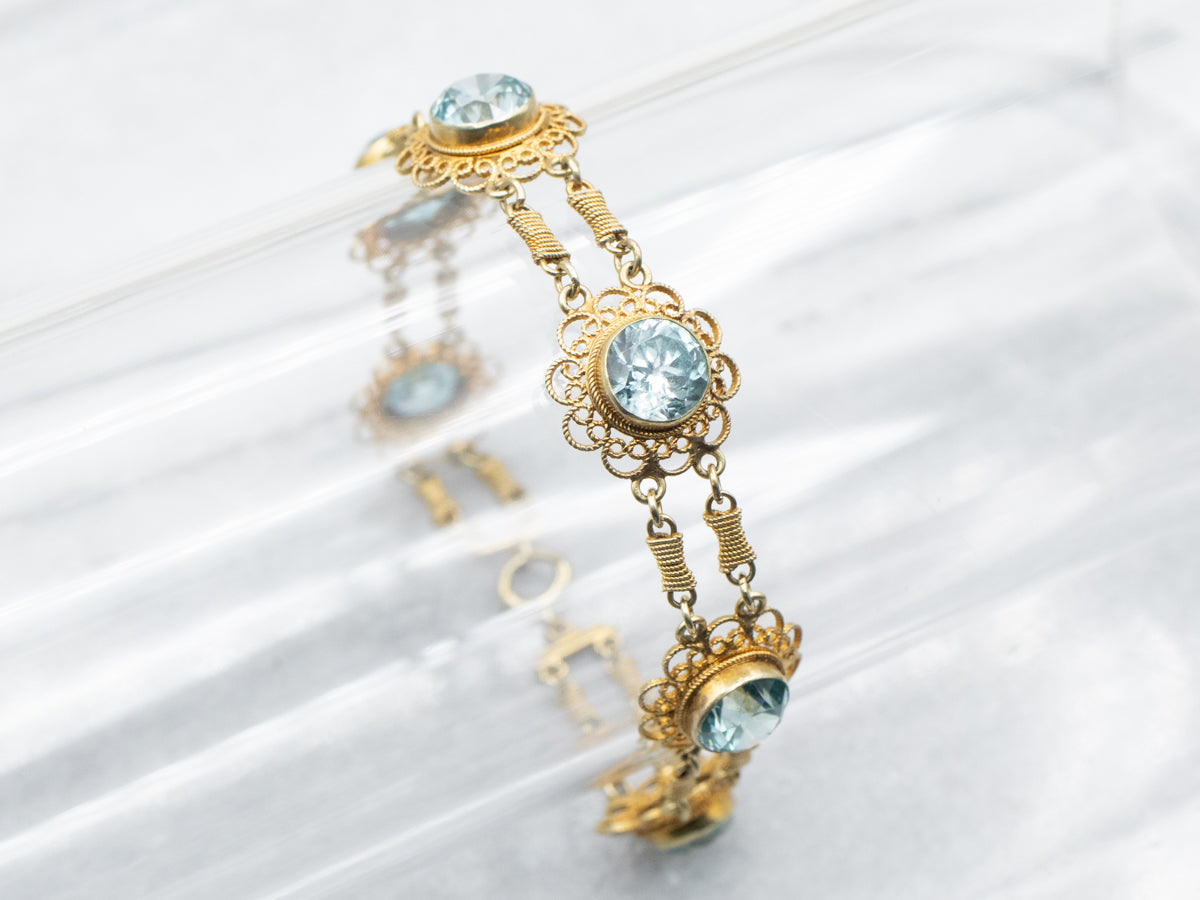 Yellow Gold Handmade Round Cut Blue Zircon Filigree Link Bracelet with Spring Ring Clasp