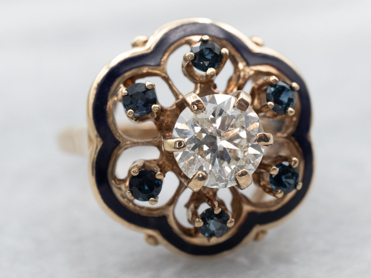 Vintage Diamond and Sapphire Enamel Flower Ring